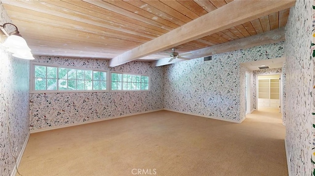 12 Pinto Ln, Rolling Hills Estates, CA 90274 - carpeted empty room with wallpapered walls, a wood ceiling with exposed beams, plenty of natural light, and a ceiling fan