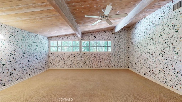 12 Pinto Ln, Rolling Hills Estates, CA 90274 - spare room with wallpapered walls, carpet flooring, wooden ceiling, and ceiling fan