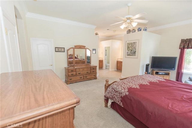 337 W Trenton Ave, Clovis, CA 93619 - bedroom with light carpet, crown molding, ensuite bath, and a ceiling fan