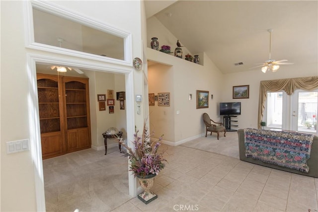 337 W Trenton Ave, Clovis, CA 93619 - living area featuring light carpet, a ceiling fan, high vaulted ceiling, and light tile patterned floors