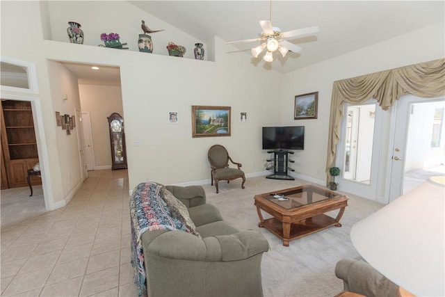 337 W Trenton Ave, Clovis, CA 93619 - living area featuring a ceiling fan, light tile patterned flooring, and high vaulted ceiling