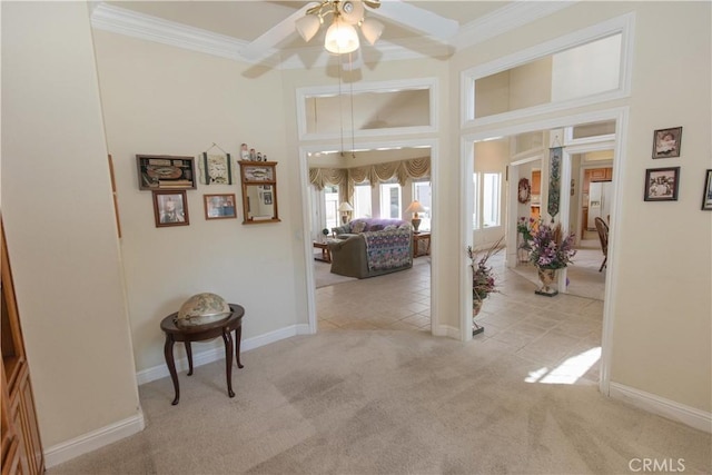 337 W Trenton Ave, Clovis, CA 93619 - hall featuring crown molding, carpet flooring, and a towering ceiling