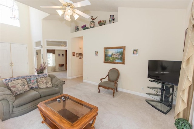 337 W Trenton Ave, Clovis, CA 93619 - living area with light colored carpet, high vaulted ceiling, and a ceiling fan