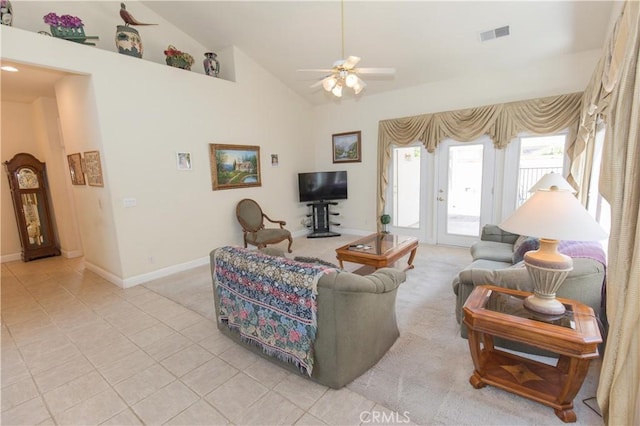 337 W Trenton Ave, Clovis, CA 93619 - living room featuring ceiling fan, light tile patterned flooring, and high vaulted ceiling