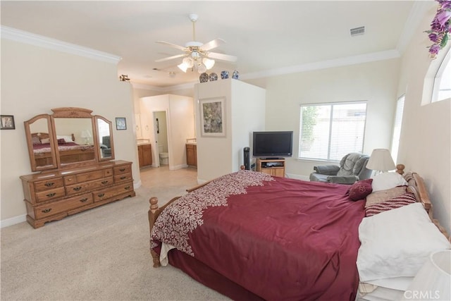 337 W Trenton Ave, Clovis, CA 93619 - bedroom with ornamental molding, light carpet, connected bathroom, and ceiling fan