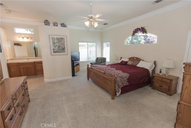 337 W Trenton Ave, Clovis, CA 93619 - bedroom featuring light carpet, ornamental molding, connected bathroom, and ceiling fan