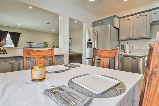 2025 N Buena Vista St, Burbank, CA 91504 - kitchen featuring stainless steel appliances, gray cabinetry, light countertops, and recessed lighting