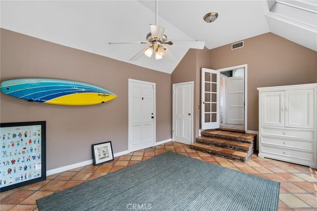 4455 Atoll Ave, Sherman Oaks, CA 91423 - unfurnished bedroom featuring vaulted ceiling, tile patterned floors, baseboards, and a ceiling fan