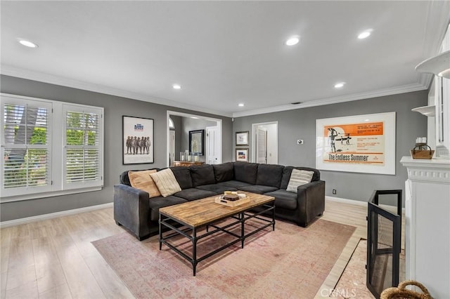 4455 Atoll Ave, Sherman Oaks, CA 91423 - living room featuring light wood-style flooring, recessed lighting, baseboards, and crown molding