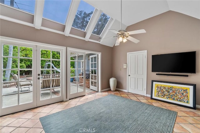 4455 Atoll Ave, Sherman Oaks, CA 91423 - unfurnished living room featuring french doors, tile patterned floors, ceiling fan, high vaulted ceiling, and baseboards