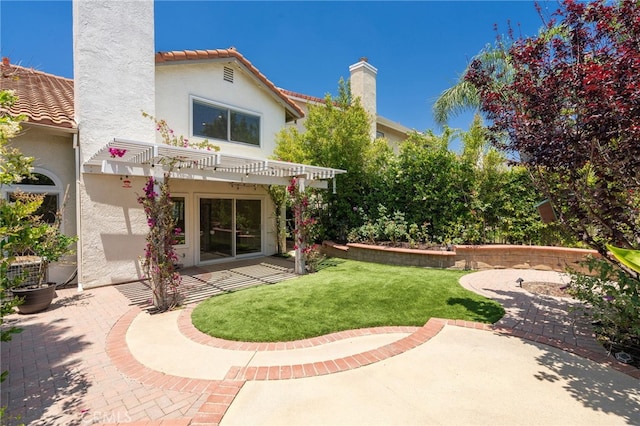 19464 Turtle Ridge Ln, Porter Ranch, CA 91326 - rear view of property featuring a pergola, a patio, a chimney, and stucco siding