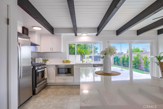 24162 Twig St, Lake Forest, CA 92630 - kitchen with appliances with stainless steel finishes, a sink, plenty of natural light, decorative backsplash, and beamed ceiling