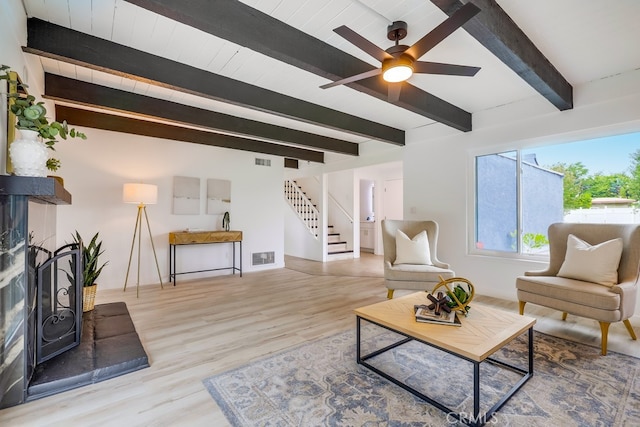 24162 Twig St, Lake Forest, CA 92630 - living room featuring stairway, beamed ceiling, wood finished floors, a ceiling fan, and baseboards