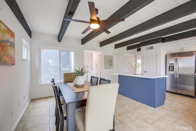 24162 Twig St, Lake Forest, CA 92630 - dining room with beamed ceiling, stairway, a ceiling fan, light tile patterned floors, and baseboards