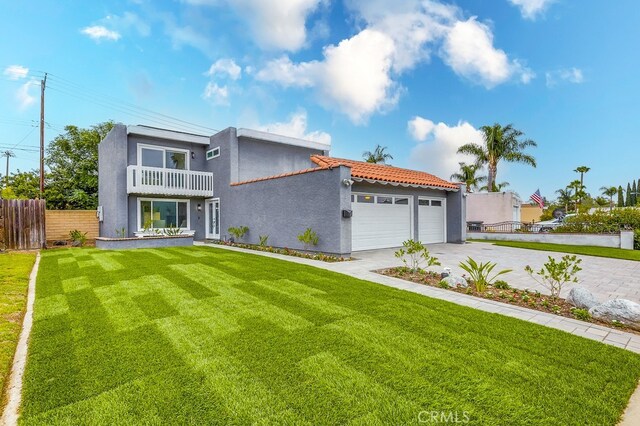 24162 Twig St, Lake Forest, CA 92630 - view of front facade featuring a balcony, a garage, stucco siding, concrete driveway, and a tile roof