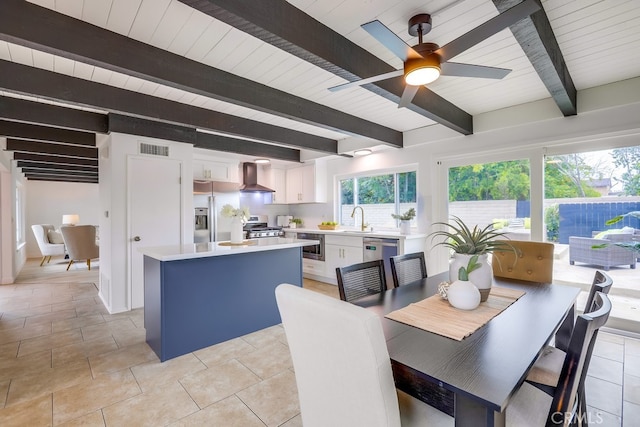 24162 Twig St, Lake Forest, CA 92630 - dining room with ceiling fan and wooden ceiling with exposed beams