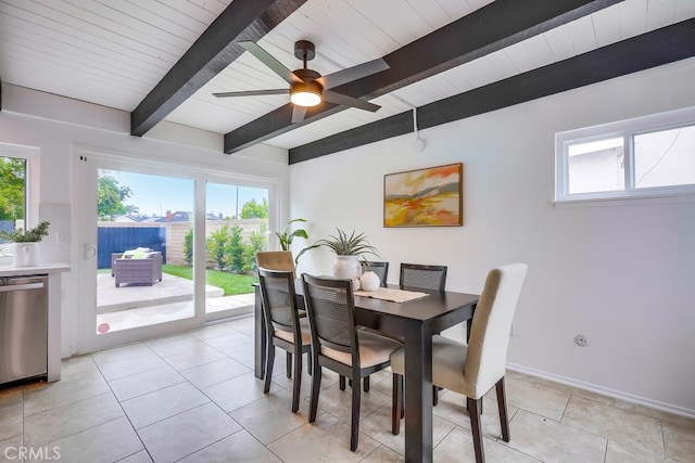 24162 Twig St, Lake Forest, CA 92630 - dining area featuring plenty of natural light, ceiling fan, light tile patterned flooring, and wooden ceiling with exposed beams