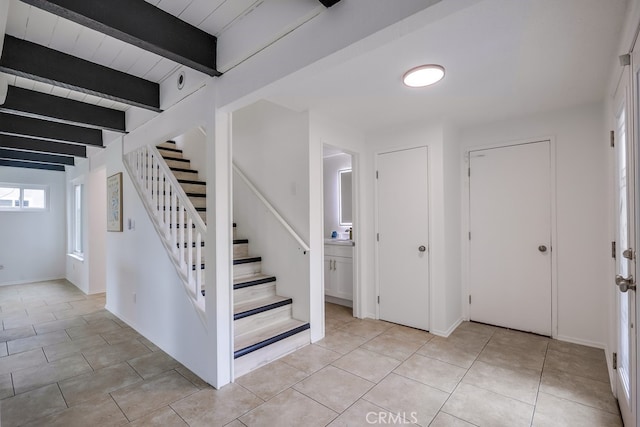 24162 Twig St, Lake Forest, CA 92630 - foyer with stairs, beamed ceiling, and light tile patterned floors