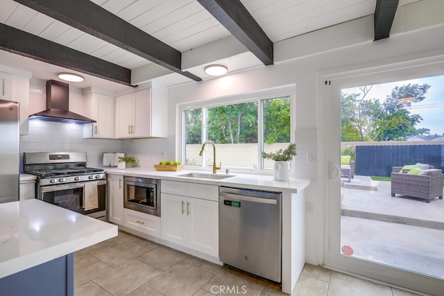 24162 Twig St, Lake Forest, CA 92630 - kitchen with wall chimney exhaust hood, appliances with stainless steel finishes, a sink, decorative backsplash, and light countertops
