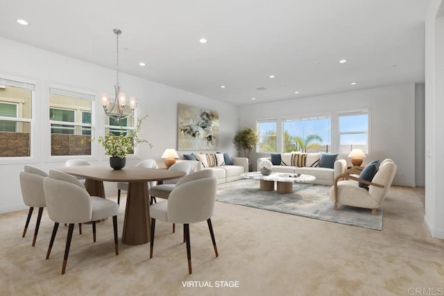 2527 Wellspring St, Carlsbad, CA 92010 - dining area with a chandelier, light colored carpet, recessed lighting, and baseboards
