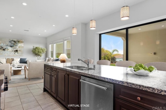 2527 Wellspring St, Carlsbad, CA 92010 - kitchen with stainless steel dishwasher, a sink, recessed lighting, light tile patterned floors, and dark brown cabinetry