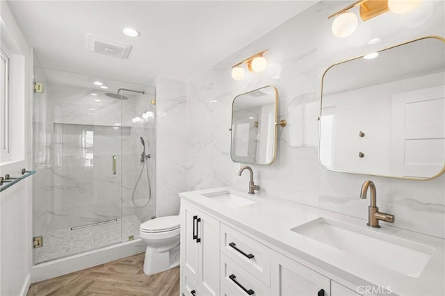 2310 Vanderbilt Ln Unit 4, Redondo Beach, CA 90278 - bathroom with a marble finish shower, double vanity, and recessed lighting