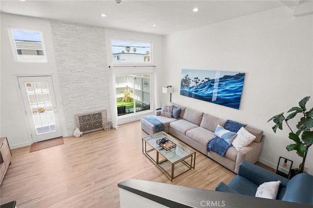 2310 Vanderbilt Ln Unit 4, Redondo Beach, CA 90278 - living room with wood finished floors, recessed lighting, and a towering ceiling