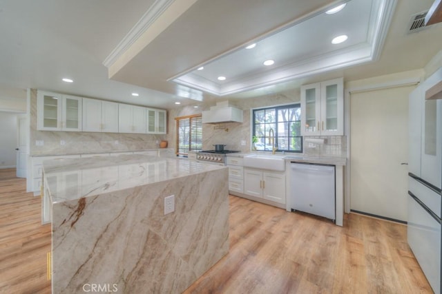 1043 Meadowview Ct, Corona, CA 92878 - kitchen featuring white dishwasher, a tray ceiling, crown molding, recessed lighting, and backsplash
