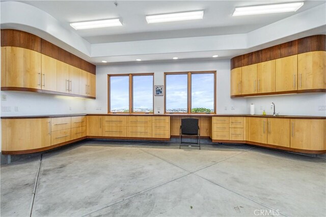 2340 Battering Rock Rd, Templeton, CA 93465 - kitchen with concrete flooring, light brown cabinets, a sink, and recessed lighting