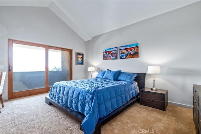 2340 Battering Rock Rd, Templeton, CA 93465 - bedroom featuring carpet, access to exterior, baseboards, and high vaulted ceiling