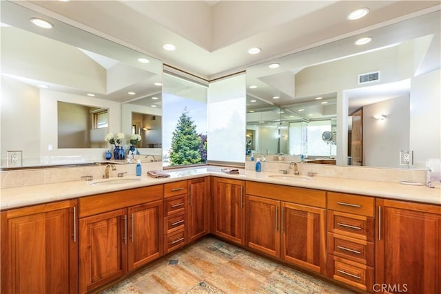 2340 Battering Rock Rd, Templeton, CA 93465 - bathroom with double vanity, recessed lighting, and a shower stall