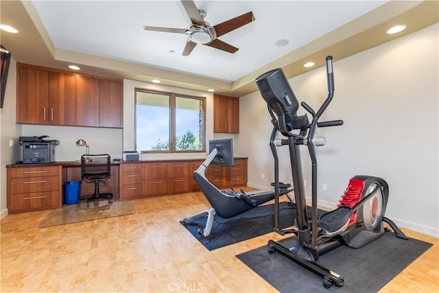 2340 Battering Rock Rd, Templeton, CA 93465 - exercise room with recessed lighting, ceiling fan, baseboards, a raised ceiling, and light wood finished floors
