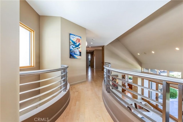 2340 Battering Rock Rd, Templeton, CA 93465 - corridor featuring wood finished floors, recessed lighting, baseboards, and an upstairs landing