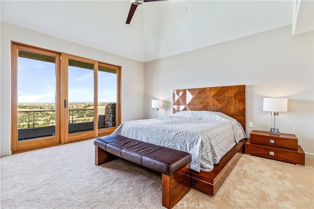 2340 Battering Rock Rd, Templeton, CA 93465 - bedroom with access to outside, carpet, multiple windows, a ceiling fan, and vaulted ceiling