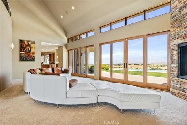 2340 Battering Rock Rd, Templeton, CA 93465 - carpeted living area with high vaulted ceiling, recessed lighting, and baseboards