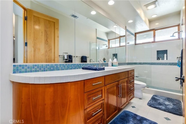 2340 Battering Rock Rd, Templeton, CA 93465 - bathroom with a shower stall, toilet, vanity, tile patterned floors, and recessed lighting