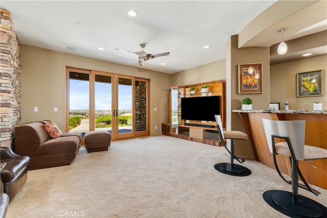 2340 Battering Rock Rd, Templeton, CA 93465 - carpeted living room featuring recessed lighting, ceiling fan, baseboards, and bar area
