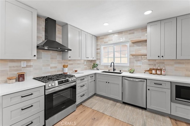 2225 Cartlen Dr, Placentia, CA 92870 - kitchen with wall chimney range hood, stainless steel appliances, a sink, gray cabinetry, and backsplash