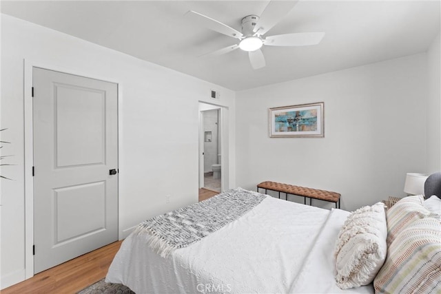 2225 Cartlen Dr, Placentia, CA 92870 - bedroom featuring light wood-style flooring, ensuite bathroom, and a ceiling fan