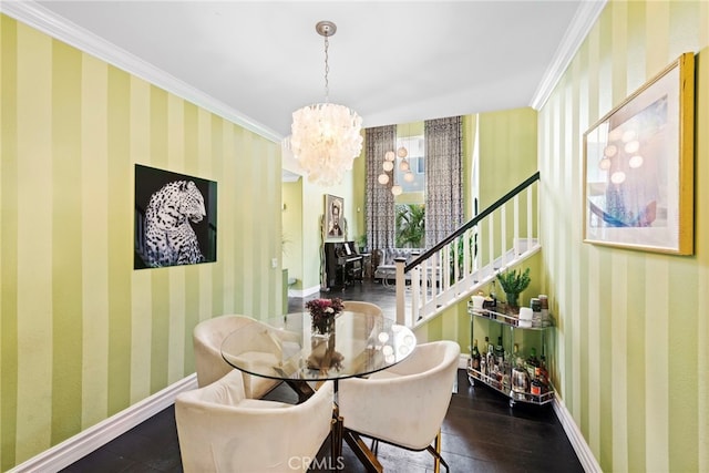 24 Lyon Rdg, Aliso Viejo, CA 92656 - dining space with a chandelier, crown molding, stairs, wallpapered walls, and wood finished floors