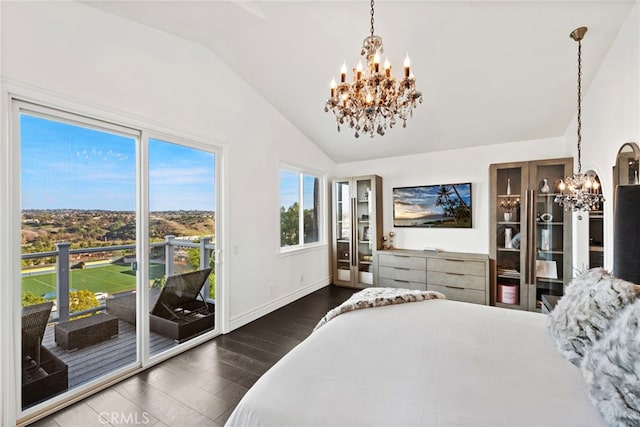 24 Lyon Rdg, Aliso Viejo, CA 92656 - bedroom featuring a chandelier, vaulted ceiling, access to outside, and wood finished floors