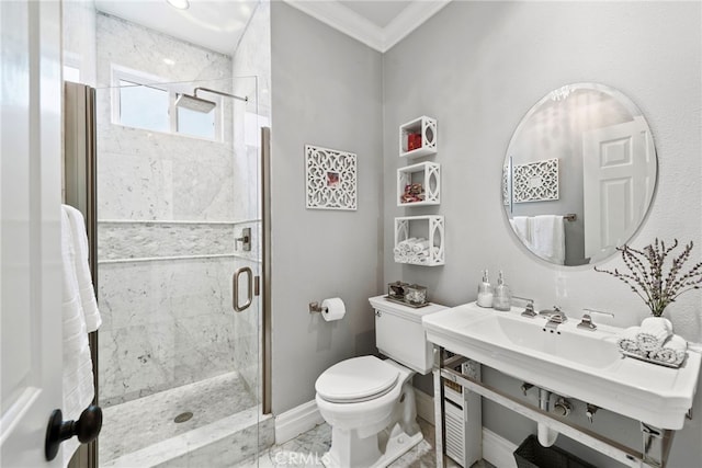 24 Lyon Rdg, Aliso Viejo, CA 92656 - full bath featuring a shower stall, crown molding, and marble look tile flooring
