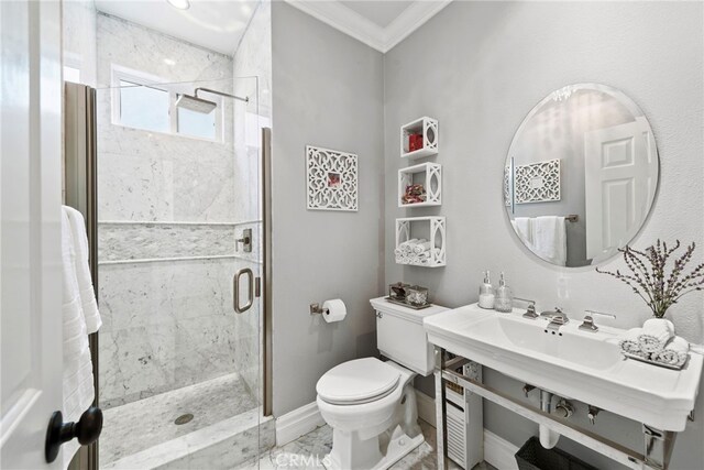 24 Lyon Rdg, Aliso Viejo, CA 92656 - full bath featuring a shower stall, crown molding, and marble look tile flooring