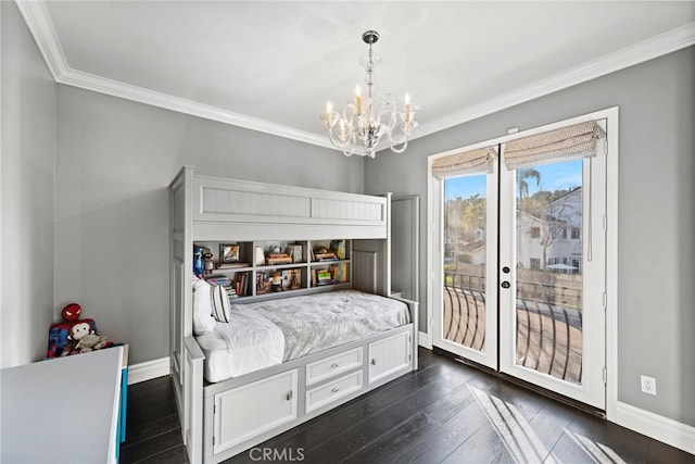 24 Lyon Rdg, Aliso Viejo, CA 92656 - bedroom with access to exterior, crown molding, a chandelier, dark wood finished floors, and french doors