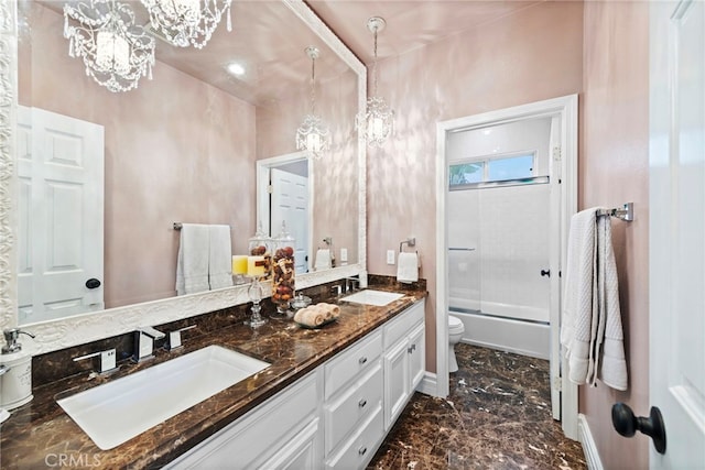 24 Lyon Rdg, Aliso Viejo, CA 92656 - bathroom with a chandelier, double vanity, shower / bath combination, and marble finish flooring