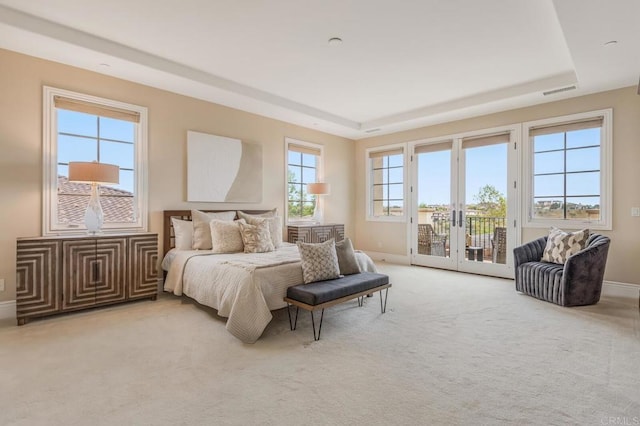6286 Belmont Trail Ct, San Diego, CA 92130 - bedroom featuring a tray ceiling, access to outside, baseboards, and carpet