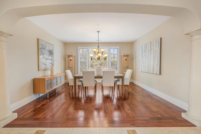6286 Belmont Trail Ct, San Diego, CA 92130 - dining room with decorative columns, hardwood / wood-style floors, a chandelier, and baseboards