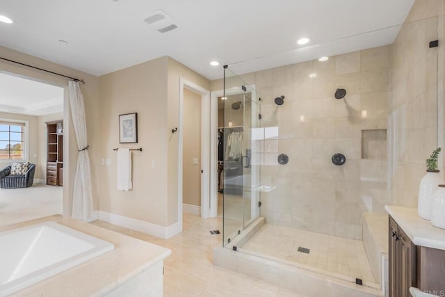 6286 Belmont Trail Ct, San Diego, CA 92130 - full bathroom featuring a stall shower, recessed lighting, a garden tub, baseboards, and tile patterned floors