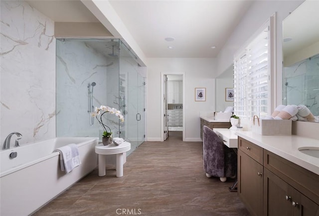 112 Mountain Sky, Irvine, CA 92602 - full bathroom featuring a marble finish shower, a freestanding tub, vanity, and wood finished floors