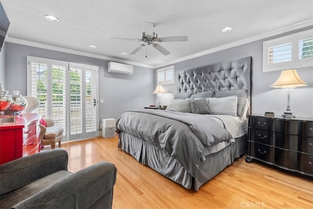 10586 Ring Ave, Rancho Cucamonga, CA 91737 - bedroom with a wall unit AC, access to exterior, crown molding, wood finished floors, and recessed lighting